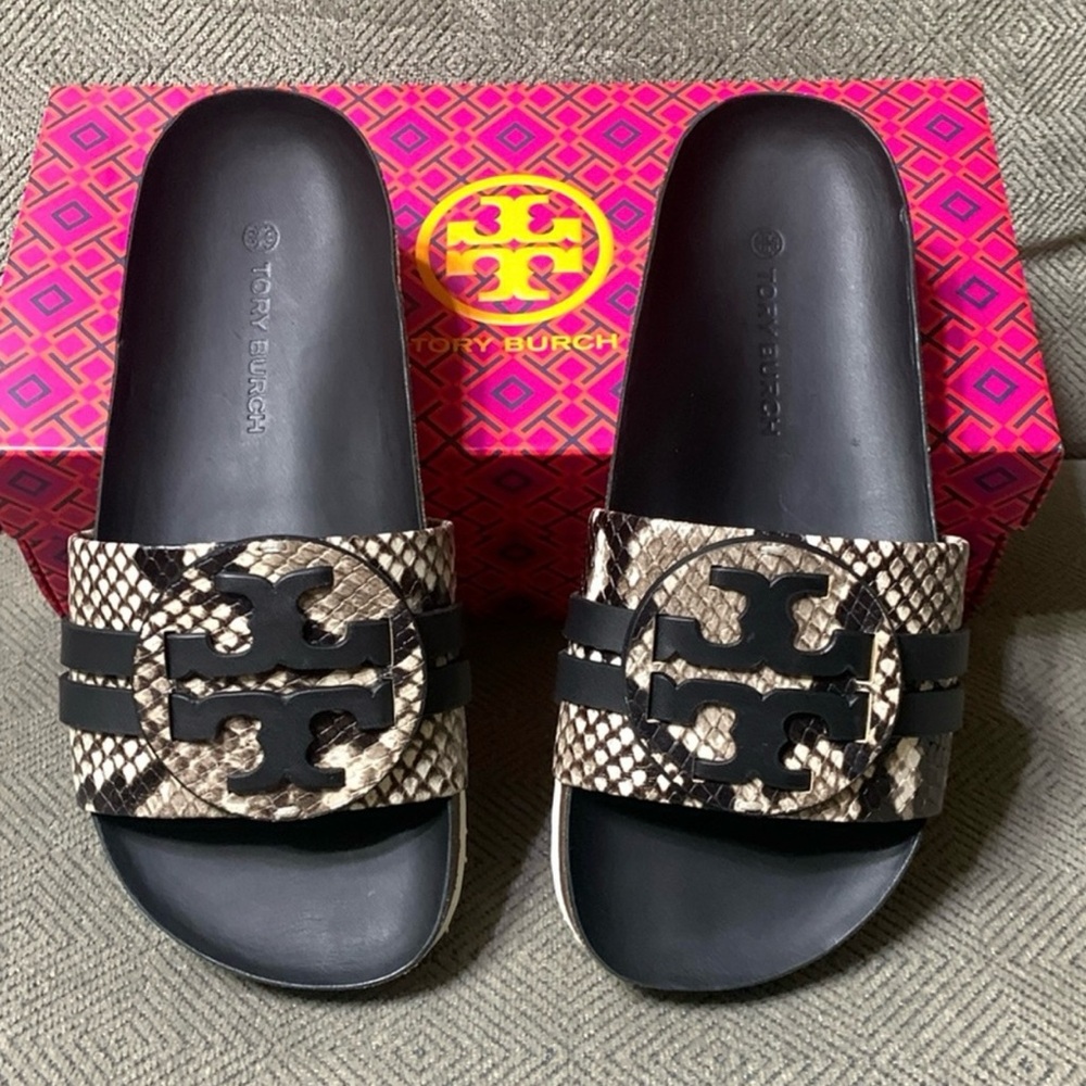 BNIB -Tory Burch Roccia Perfect Black Cream & Brown Snakeskin Pattern Slides